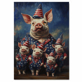 Patriotic Pig Family Dressed in American Flag Outfits with Hats and Bowties Celebrating Independence Day with Joy on Ready to Hang 1.5" Thick Canvas Wrap, Floating Framed Canvas, Flat Rolled Canvas